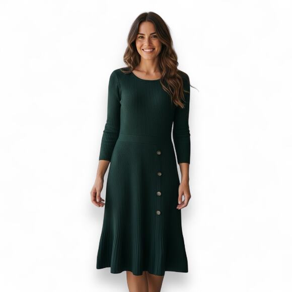 Studio One New York Women's Midi Sweater Dress L Dark Forest Green Ribbed Knit - Picture 1 of 10